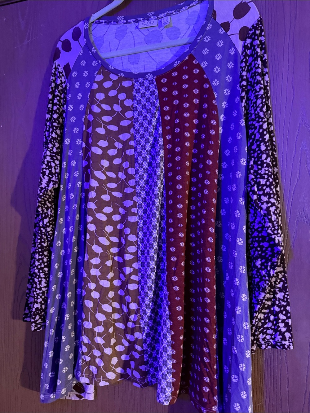 LOGO by Lori Goldstein Mixed Print Swing Tunic — Blue, Brown, Burgundy. NWOT - Picture 2 of 16